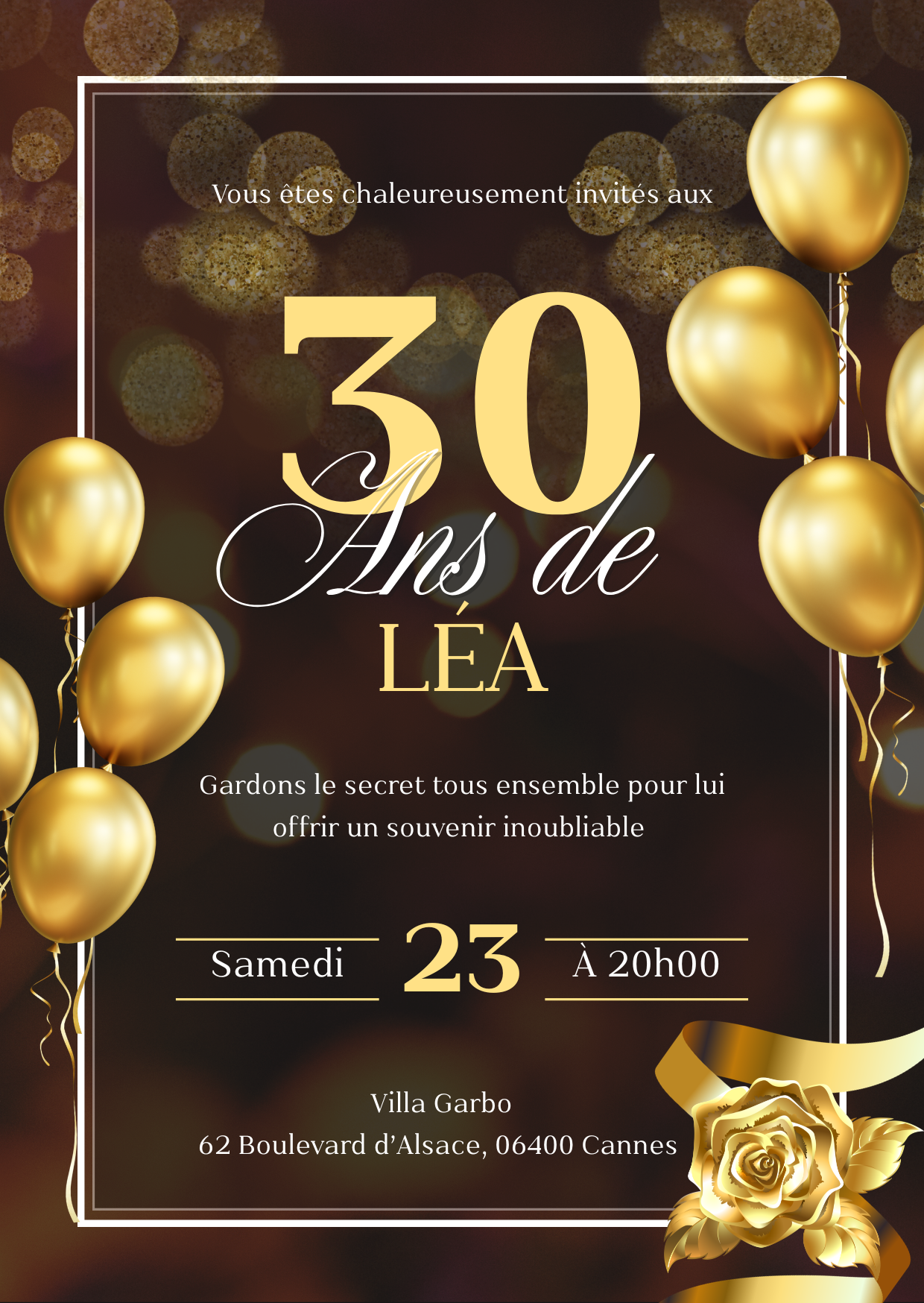 Anniversaire — 30 ans — Léa : Carte d'invitation dorée et faire-part numérique animé. — création Évent Desiign